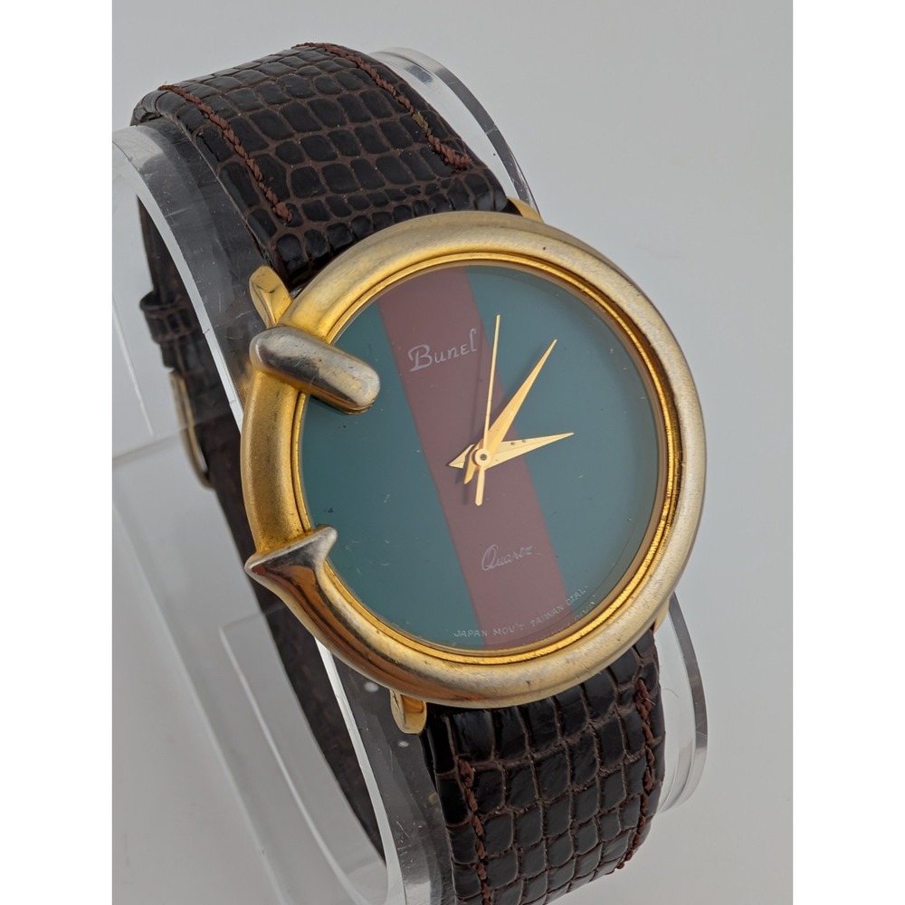 Vintage Bunel Watch Women 30mm Gold Case Red/Green Dial Leather Band New Battery